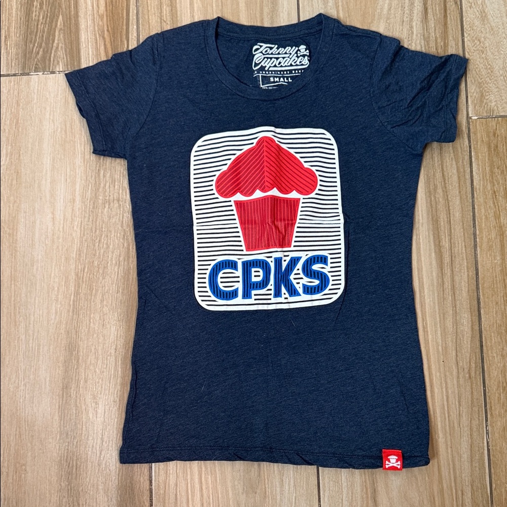 Johnny Cupcakes Navy Tee with Red and White Cupcake Graphic